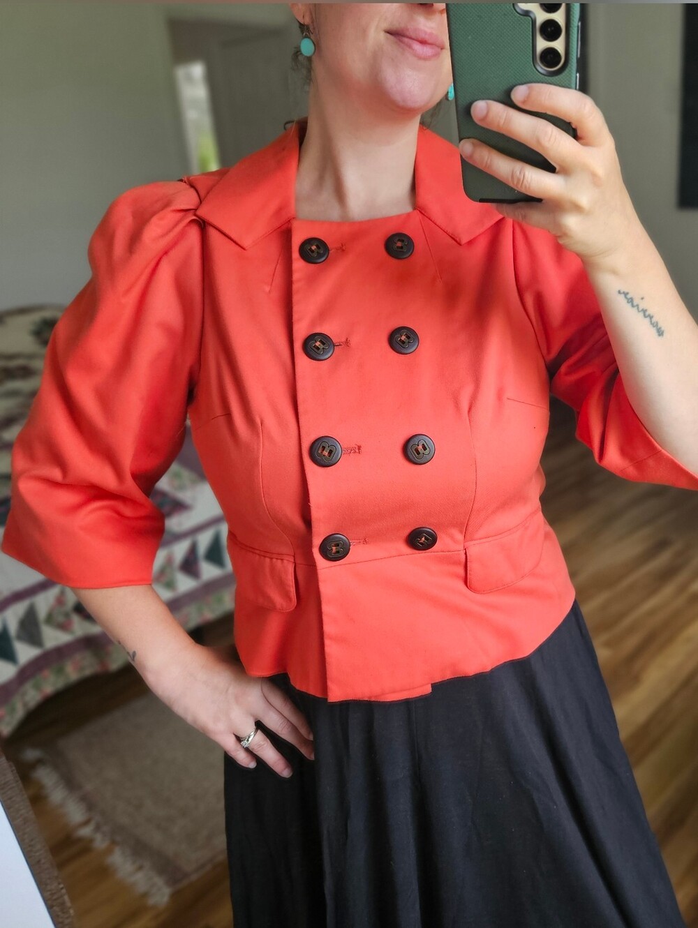 Robert Rodriguez Redish Orange Double Breasted Cropped Jacket With Puff Sleeve